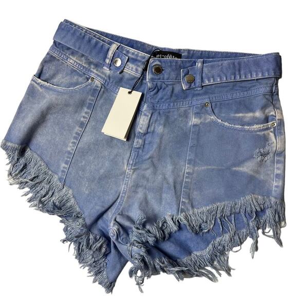 RETROFETE Tessa Cutoff Fringe Distressed Shorts Purple Bleach Denim Size 32 NEW - Picture 6 of 10